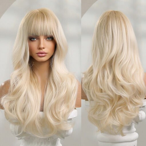 Platinum Blonde Hair Wigs With Bangs For Women Women Long Wavy Synthetic Wig Daily Use MI1603367