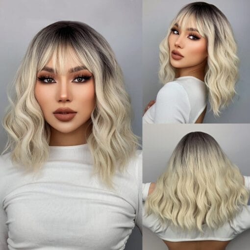 Platinum Blonde Wig Dark Roots 14 Inches Short Wavy Curly Wigs With Bangs Shoulder Length Ombre Synthetic Wigs For Women Cosplay Party Daily Wigs Wig Cap MI1611426