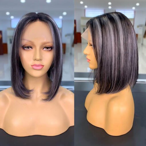 Platinum Highlights On Black Hair Wigs Straight Short Bob MI1604530