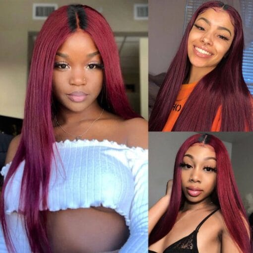 Pre Colored 1B/99J Burgundy Color Straight U Part Human Hair Wig MI1611328