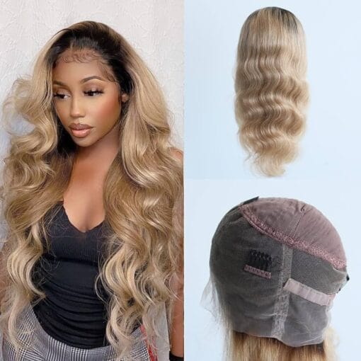 Pre Plucked Ombre #1B/27 Honey Blonde 360 Lace Frontal Wigs Body Wave Glueless 150% Density Brazilian Virgin Human Hair (22 Inch, Body Wave) MI1612052