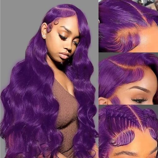 Purple Lace Front Wigs Human Hair 13X4 Colored Lace Front Wigs Human Hair Pre Plucked Body Wave Purple Lace Front Wig 180 Density Dark Purple Lace MI1610528