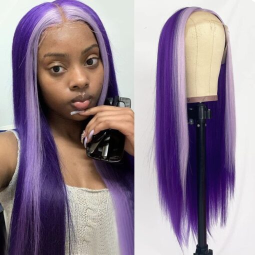 Purple Lace Front Wigs Long Straight Hair Wigs Light Purple Highlights T Part MI1611230