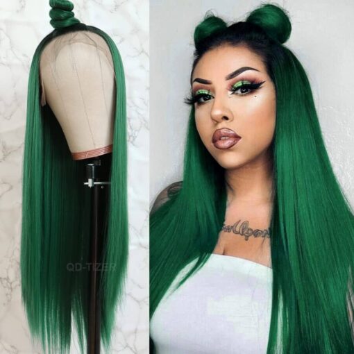 Qd Tizer Lace Front Wigs, Long Straight Hair Ombre Green Wig Glueless Heat Resistant Fiber Hair Synthetic Lace Front Wigs For Women Fashion Women MI1610776