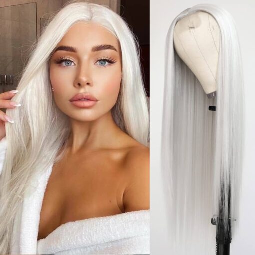 Qd Tizer Platinum White Hair Wig Long Straight Hair Wigs Natural Hairline Heat Resistant Synthetic No Lace Wigs For Women Fashion Women 24 Inch MI1605447