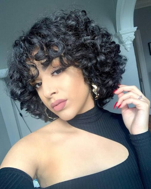 Quick Wig Human Hair Wigs Short Curly Bob Wig For Women Black Women None Lace Big Curly Wig With Bangs Pixie Cut African American Wigs Natural Black Color MI1602538