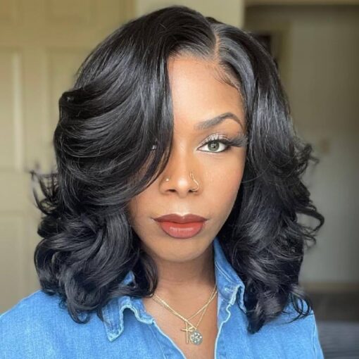 Quick Wig Short Body Wave Wig Glueless Short Wavy Bob Wigs Side Part Loose Wave Wigs For Women Women Shoulder Length Curly Synthetic Wig Lace Part Hair Wig MI1603640