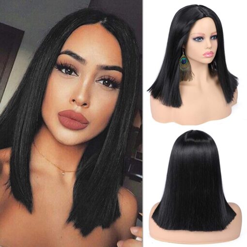 Quick Wig Short Straight Bob Wigs Black Short Wig Middle Part Synthetic Wigs Shoulder Length Daily Cosplay Party Wigs For Women Women 14 Inches MI1611041