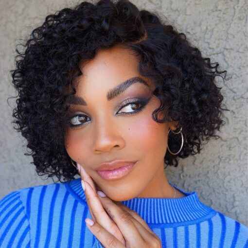 Quickwig Human Hair Wigs Short Bob Curly Wig Lace Part Glueless Wigs Natural Wave African American Wigs For Women Black Women Natural Black Color MI1603942