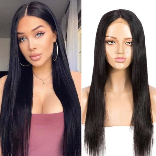 Rebecca Fashion 4X4 Lace Closure Wigs 100% Straight Human Hair Wigs For Women Black Women 150% Density Natural Black Color MI1610669