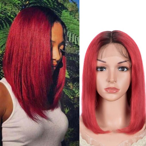 Rebecca Fashion Red Straight Wig 12 Inch Bob Wigs Part Lace Human Hair MI1602988