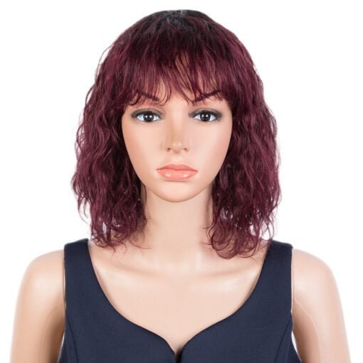 Rebecca Fashion Short Curly Wavy Human Hair Bob Wigs With Bangs For Women Black Women 100% Human Hair Wigs With Bangs Ombre Burgundy Red Color MI1605751