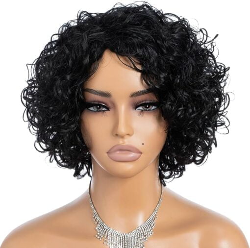 Rebecca Fashion Short Wavy Human Hair Wigs For Women Black Women Cute Curly Bob Wig Side Part Non Lace Glueless Wigs Brazilian Remy Natural Looking, Natural MI1605744