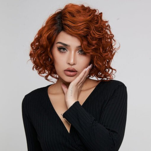 Rebecca Fashion Short Wavy Lace Front Wigs Ginger Wig Human Hair Side Lace Part Wavy Bob Wigs For Women Women Orange Color MI1610258