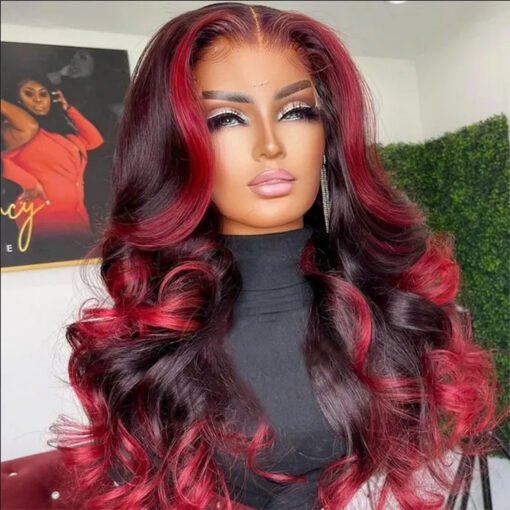 Red Highlights Wigs Body Wave Lace Frontal Wig With Burgundy MI1602703