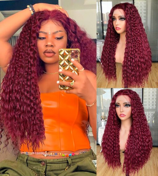 Red Long Curly Lace Front Wigs For Women Black Women Hd Lace Wig Long Deep Wave Synthetic Lace Front Wig With Baby Hair Pre Plucked Hairline Hair Natural MI1610513