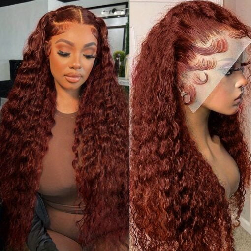 Reddish Brown Deep Wave Lace Front Wigs Human Hair 13X4 Hd Transparent Lace Front Wigs For Women Women 180% Density Deep Wave Wig Pre Plucked With Baby Hair MI1606271