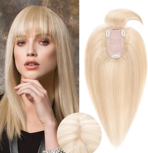 Rich Choices Silk Base Top Hairpiece 100% Human Hair Clip In On Hair Topper With Bangs Hand Made Top Hair Piece Middle Part With Thinning Hair #18P613 MI1604440