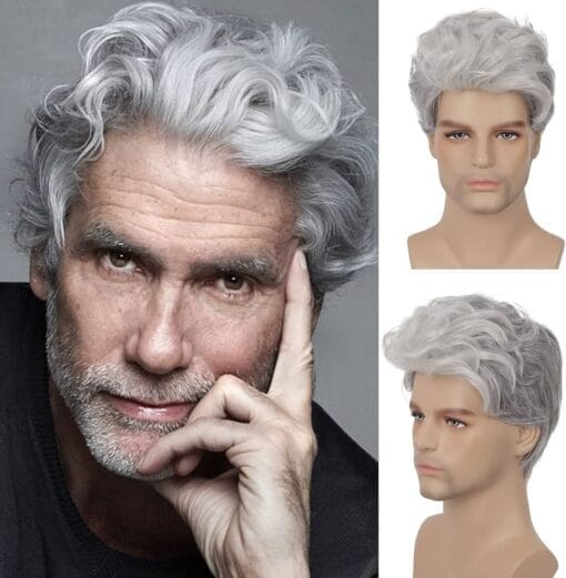 Richyun Mens Short Grey Wig Short Curly Grey Wig Synthetic Heat Resistant Hair Replacment Wig For Women Daily Party Costumes MI1611834