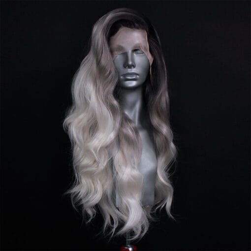 Rooted Dark Grey Into Platinum Silver Ombre Human Hair Wig Blended Synthetic Lace Front Wig Heat Resistant Loose Wand Wave Wig MI1611787