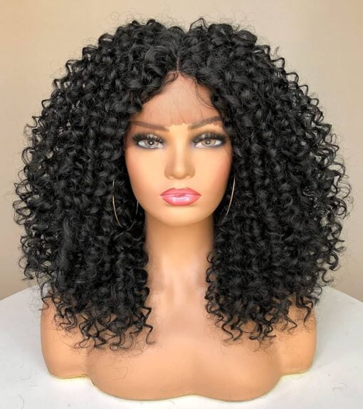 Runm Curly Lace Front Wigs For Women Black Women, Natural Black Kinky Curly Afro Wig For Women Black Women 13X4X1 Hd Glueless Synthetic Lace Front Wig 15 Inch MI1605642