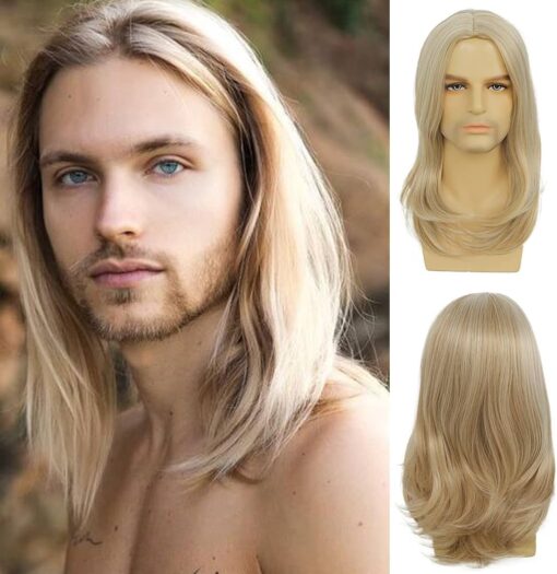 Sallcks Mens Long Blonde Wig Long Straight Wig For Women Men Middle Part Synthetic Heat Resistant Hair Wigs For Women Daily Party Costume Halloween MI1604003