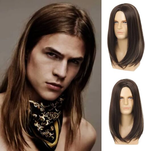 Sallcks Mens Long Brown Wig Long Straight Wig For Women Men Middle Part Synthetic Heat Resistant Hair Wigs For Women Daily Party Costume Halloween MI1602588