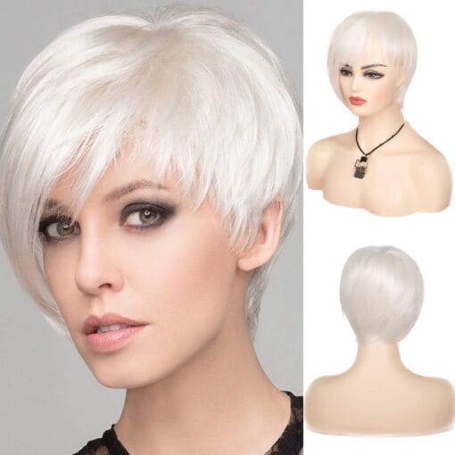 Sallcks Short White Wig Pixie Natural Straight Asymmetric Wig Halloween Cosplay Costume Wig Synthetic Heat Resistant Hair Wig For Women Women (Cream White) MI1609887