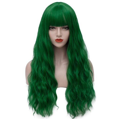 Sallcks Womens Long Curly Wavy Green Wig With Bangs Halloween Cosplay Costume Full Wigs Synthetic Fiber Green Hair Wigs With Wig Cap MI1610775