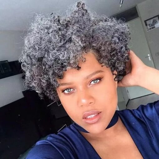 Salt & Pepper Afro Kinky Curly Short Grey Wig 130% Human MI1606353