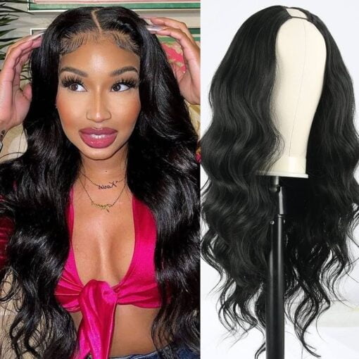 Scentw V Part Wig Body Wave Synthetic Wigs For Women Women 24Inch Black Hair V Part Wigs Upgrade U Part Wigs Glueless Full Head Clip In Half Wigs For Women Black MI1606030