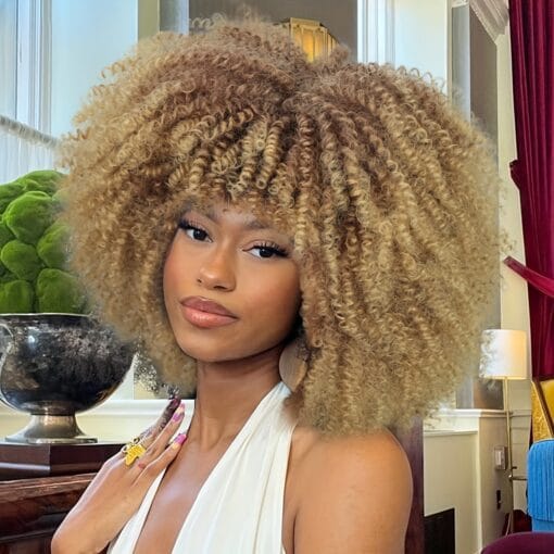 Short Afro Curly Wig With Bangs For Women Women Ombre Blonde Hair Wig Afro Synthetic Full Wigs 12Inch MI1606460