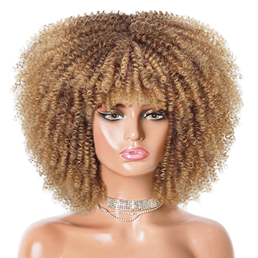 Short Afro Kinky Curly Wig With Bangs High Puff Blonde Mixed Brown Synthetic Hair Wigs For Women Women Heat Resistant Finger Daily Use MI1606461