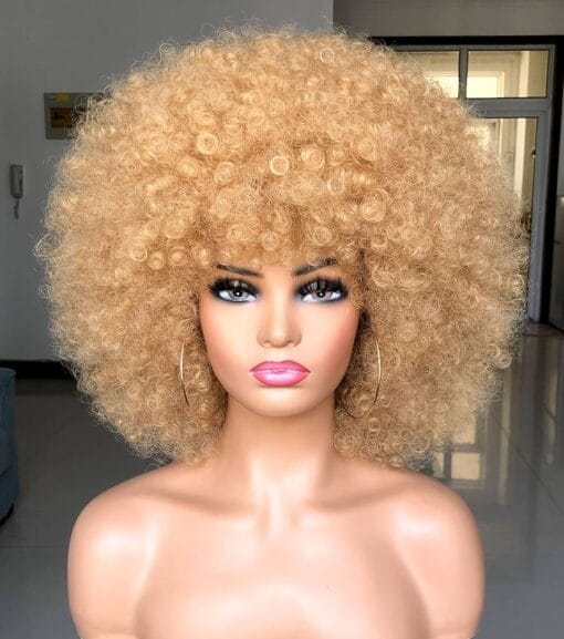 Short Afro Wig With Bangs For Women Black Women Afro Kinky Curly Wig 70S Premium Synthetic Big Afro Wig(Blonde) MI1606451