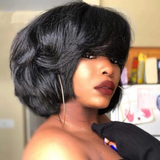 Short Black Bob Wave Brazilian Human Hair Wigs 200% Density Full Wigs With Bangs MI1604512