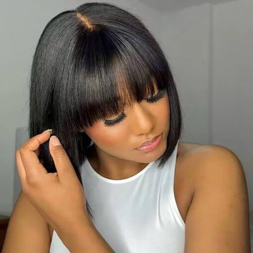 Short Black Human Hair Bob Wigs With Bangs Straight Realistic Scalp Glueless Non Lace Front Wig For Women Women Blunt Cut Bob Wigs 180% Density (8 Inch) MI1604260