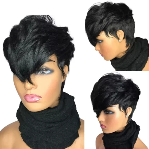 Short Black Human Hair Wigs Pixie Cut Wigs Natural Wave Fashion Pixie Full Wigs MI1603136