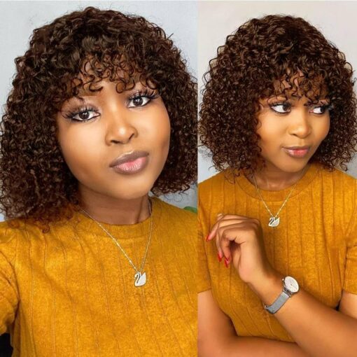 Short Bob Curly Human Hair Wigs With Bangs Chocolate Brown Colored Wear And Go None Lace Front Human Hair Wigs For Women Black Women 180% Density Pixie Cut MI1602549