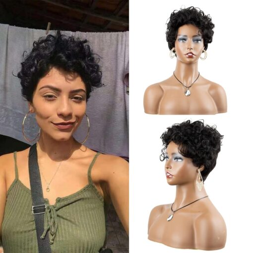 Short Bob Curly Pixie Cut Wigs For Women Natural Black Turkey MI1602556