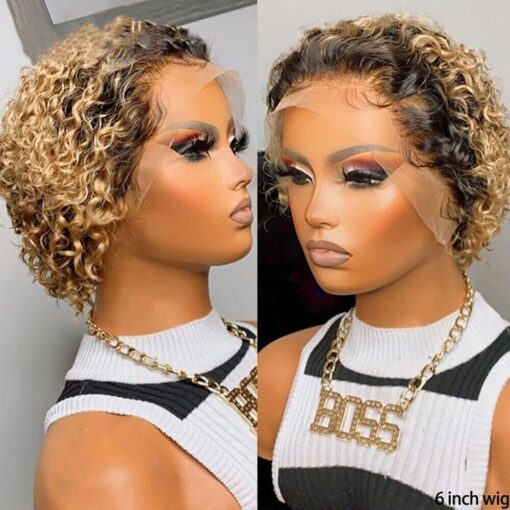 Short Bob Pixie Cut Lace Wig Ombre Blonde Curly Human Hair MI1605956