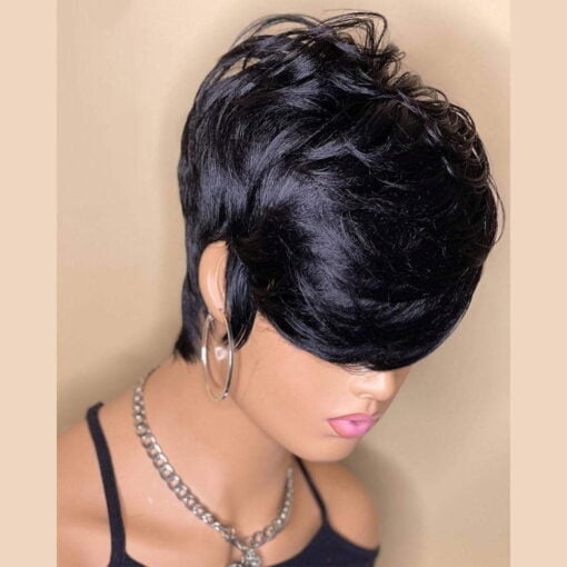 Short Bob Wig Human Hair Pixie Cut Wig For Women Black Women None Lace Front Wig With Bangs Layered Wavy Full Machine Made Wig 1B Color (8 Inch 130% MI1605566