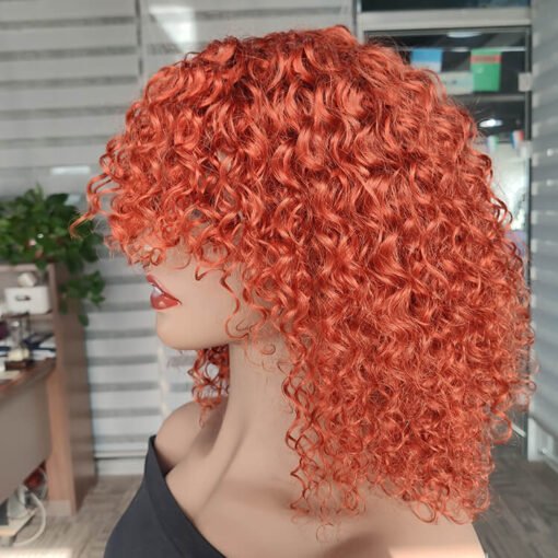 Short Curly Ginger Orange Human Hair Bob Wig With Bangs MI1606287