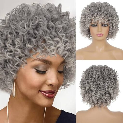 Short Curly Grey Wig For Women Women Kinky Fluffy Layered Gray Synthetic Wigs With Bangs Natural Looking Daily Cosplay Halloween Hair Wigs MI1604212