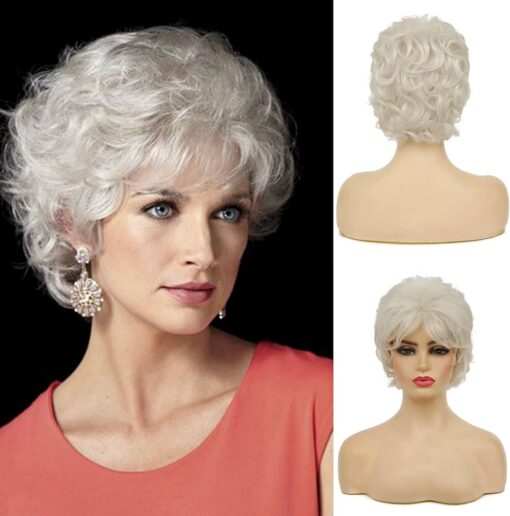 Short Curly White Wigs For Women Women Fluffy Natural Looking Synthetic Hair Daily Wigs For Women Old Ladies MI1604077