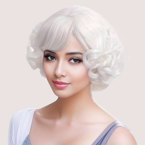 Short Curly White Women Wig With Bangs Heat Resistant Synthetic Hair Water Wave Womens Wigs For Women Old Lady Cosplay Daily 20S Costume Anime Halloween MI1604075