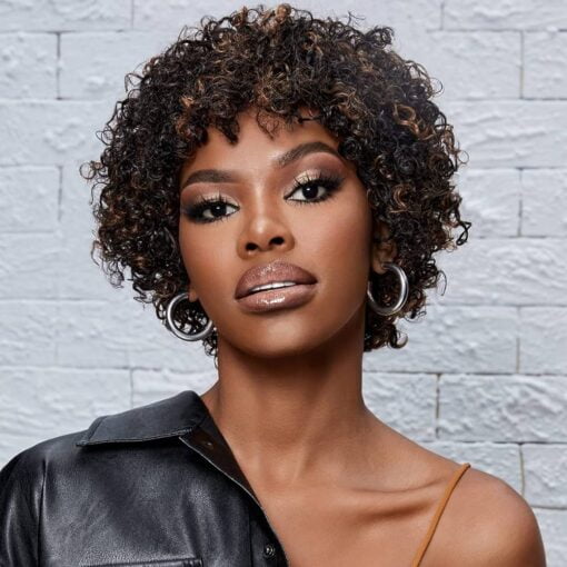 Short Curly Wigs For Women Black Women Brazilian Virgin Human Hair Wigs For Women Middle Aged Black Women Black Mix Medium Brown Highlight Color 150% Density MI1604814