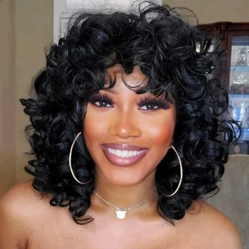 Short Curly Wigs For Women Black Women Soft Black Big Curly Wig With Bangs Afro Kinky MI1603140