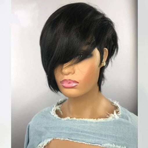 Short Cut Wavy Bob Pixie Wig With Bangs Brazilian Remy Short MI1605875