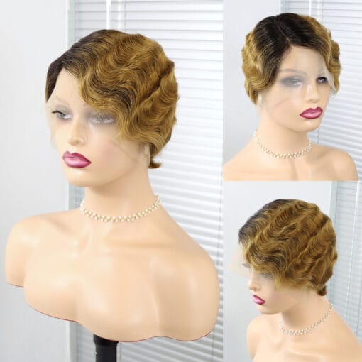 Short Finger Wave Wig Brazilian 13X1 Front Lace Human Hair Wig For Women Black Women Brown Blonde Short Ocean Wave Wig Pixie Cut Wigs MI1611206