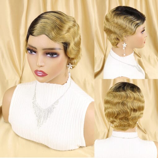 Short Finger Wave Wig Brazilian Human Hair Wig For Women Black Women Brown Blonde Short Ocean Wave Wig Peruca Burgundy Pixie Cut Wigs MI1611202